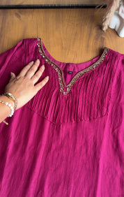 Dimple Pleated Yoke Aline Hand Work Dress- Wine💞