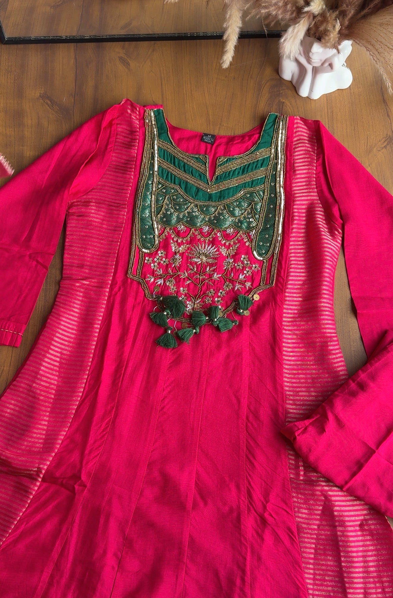 Shanaya Handwork Mul Chanderi With Tissue Stripe Dress- Pink