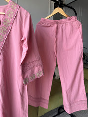 Monika Scalloped Neck Embroided Dress- Baby Pink