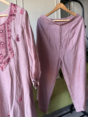 Rinkle Embroided Mul Chanderi Dress- Dusty Pink