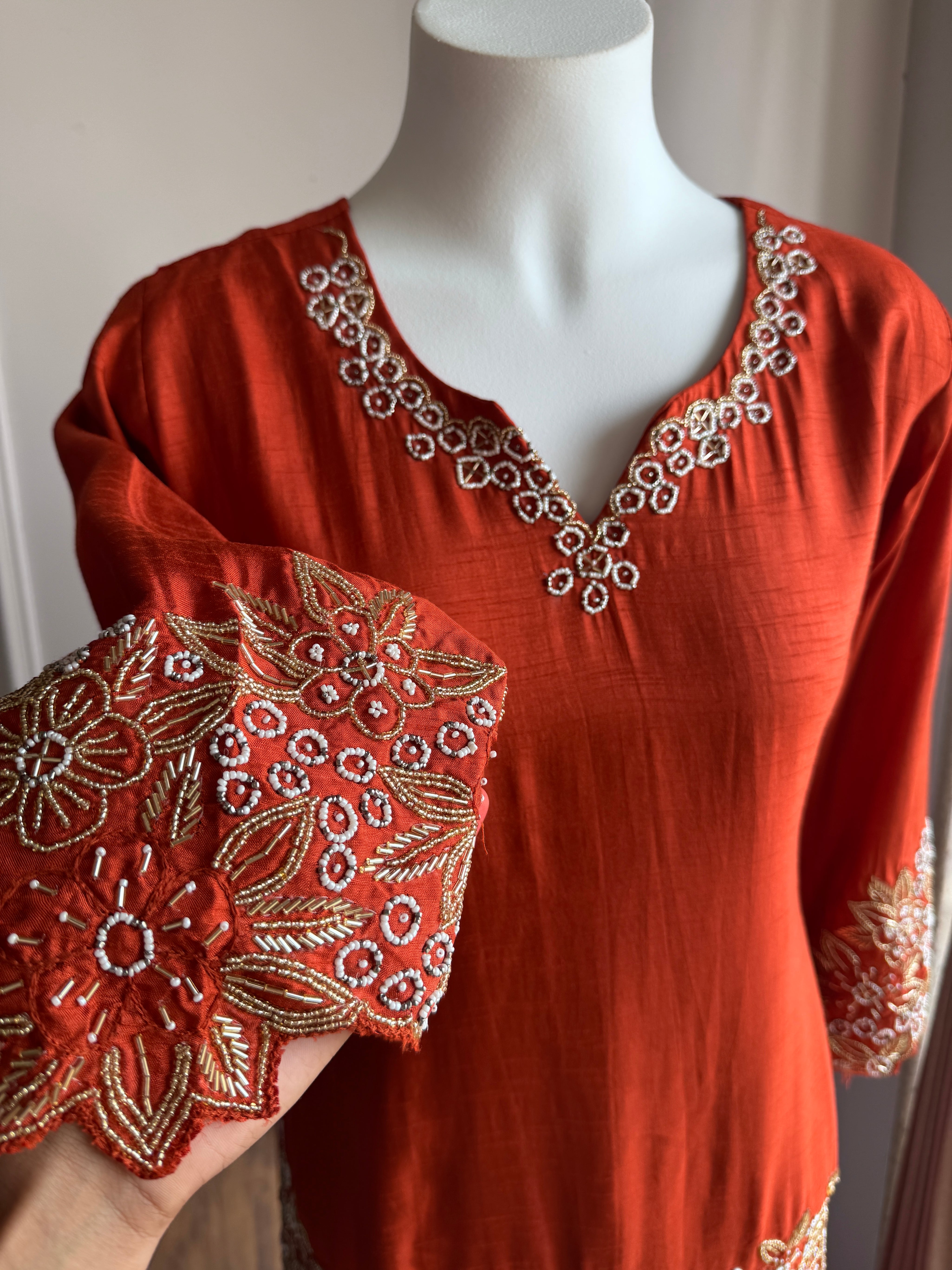 Tanisha Short Kurta Handwork Plazzo - Rust