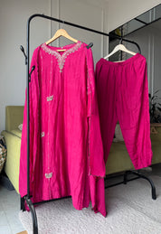 Megha Handwork Mul Chanderi Dress- Pink