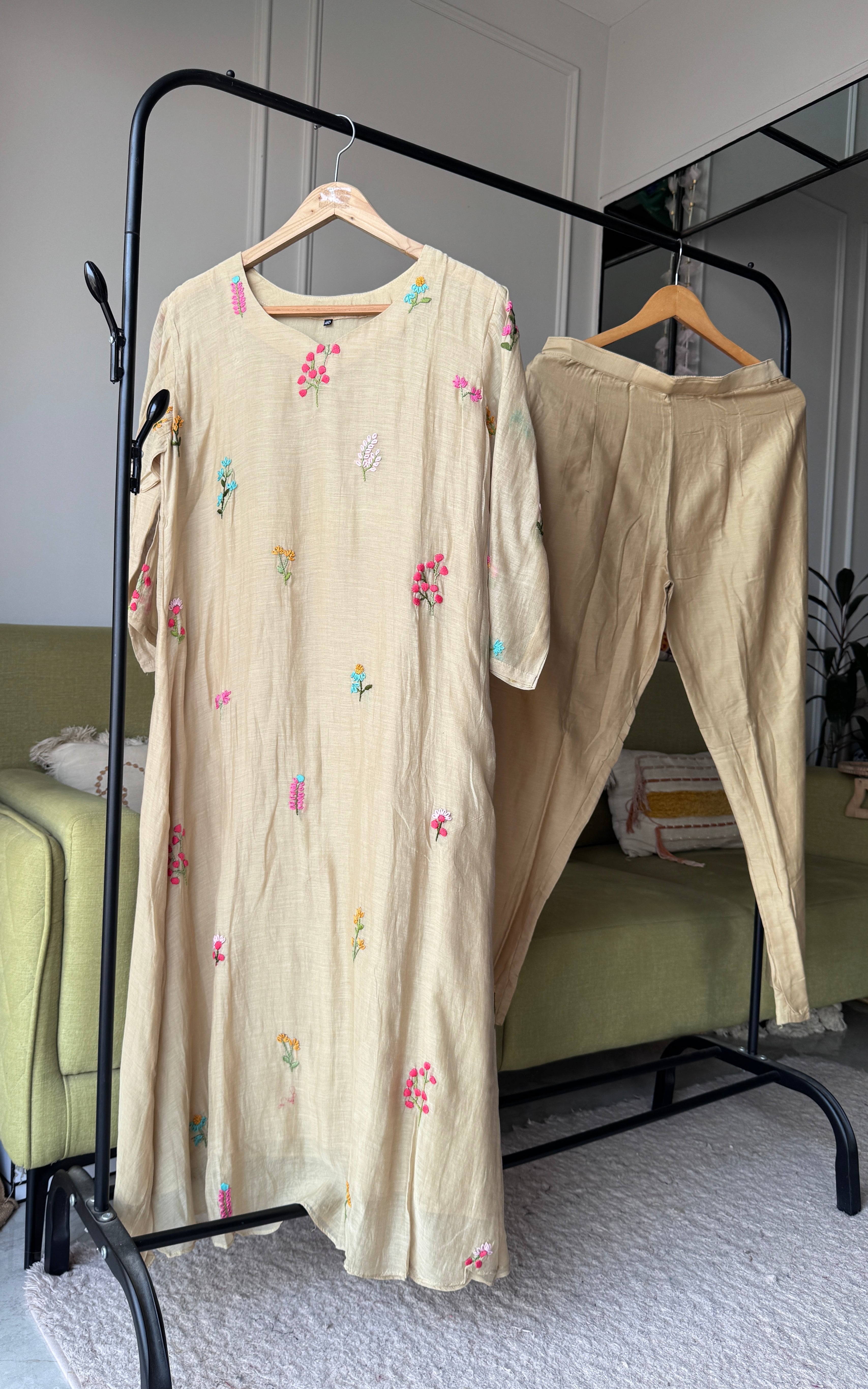 Siya Floral Embroided Mul Chanderi Dress- Beige