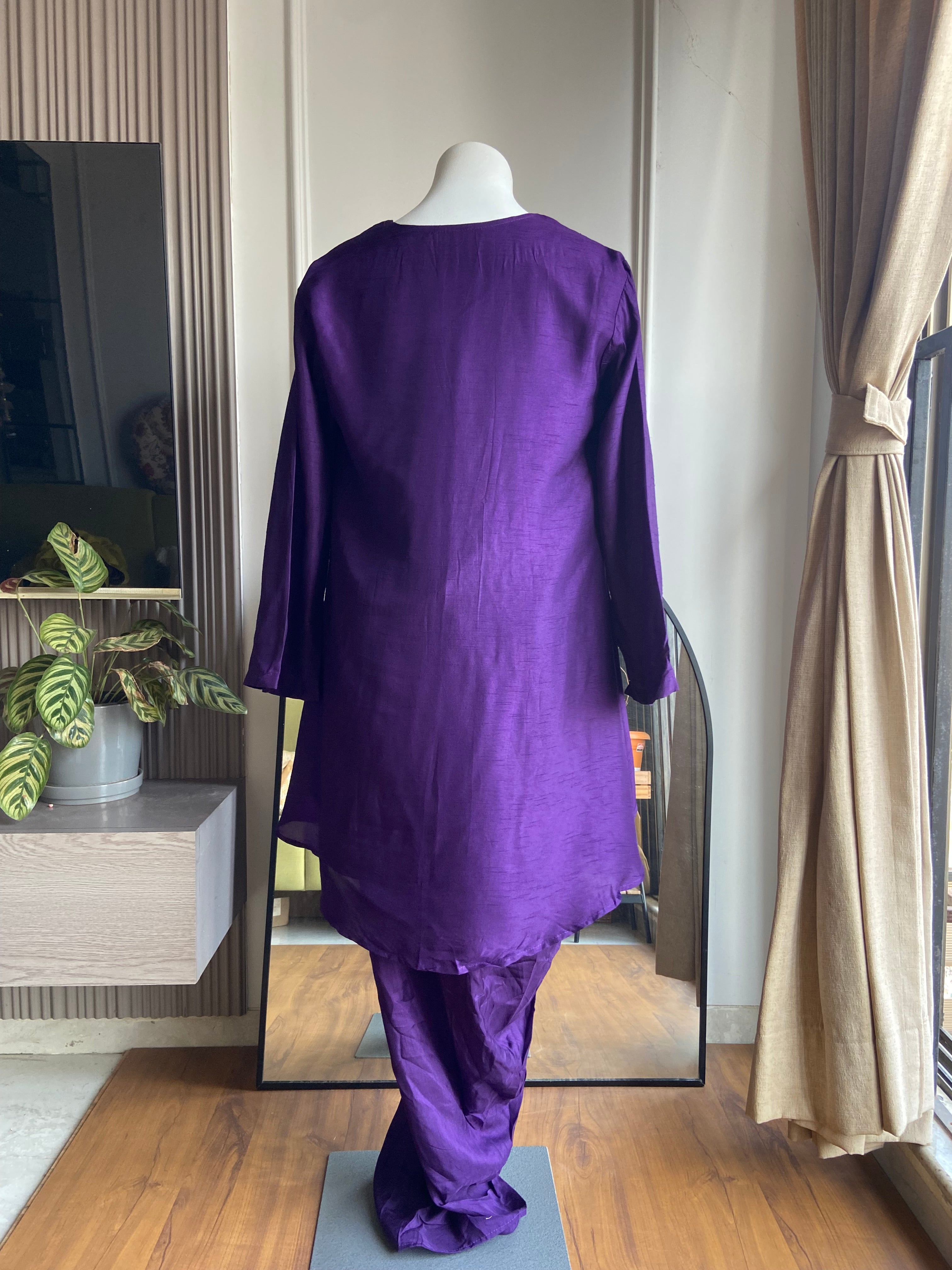 Natasha  deep purple satin embroidered v-neck short  tunic paired with matching dhoti