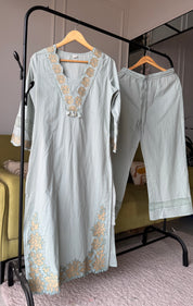 Monika Scalloped Neck Embroided Dress- Dusty Blue