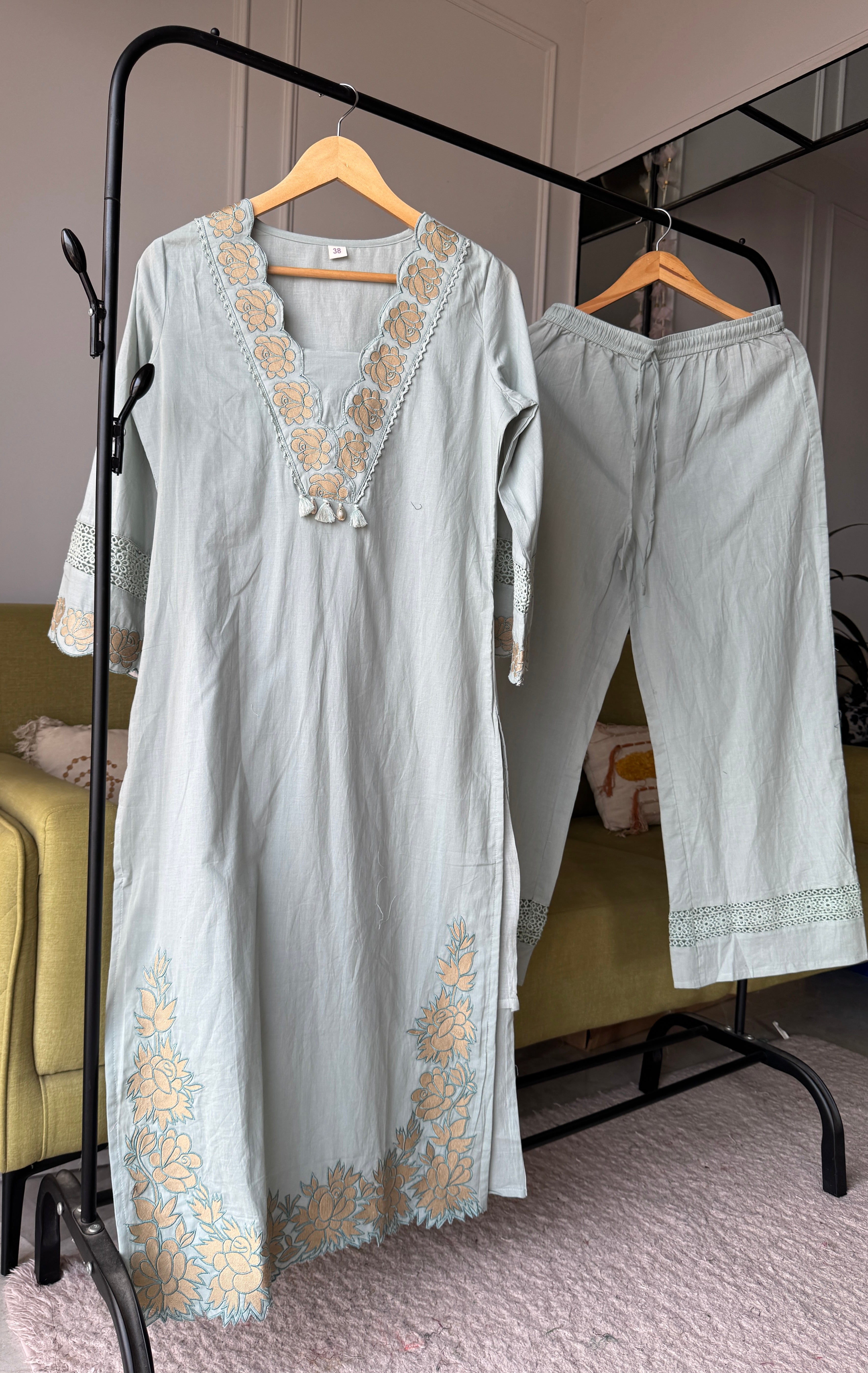 Monika Scalloped Neck Embroided Dress- Dusty Blue