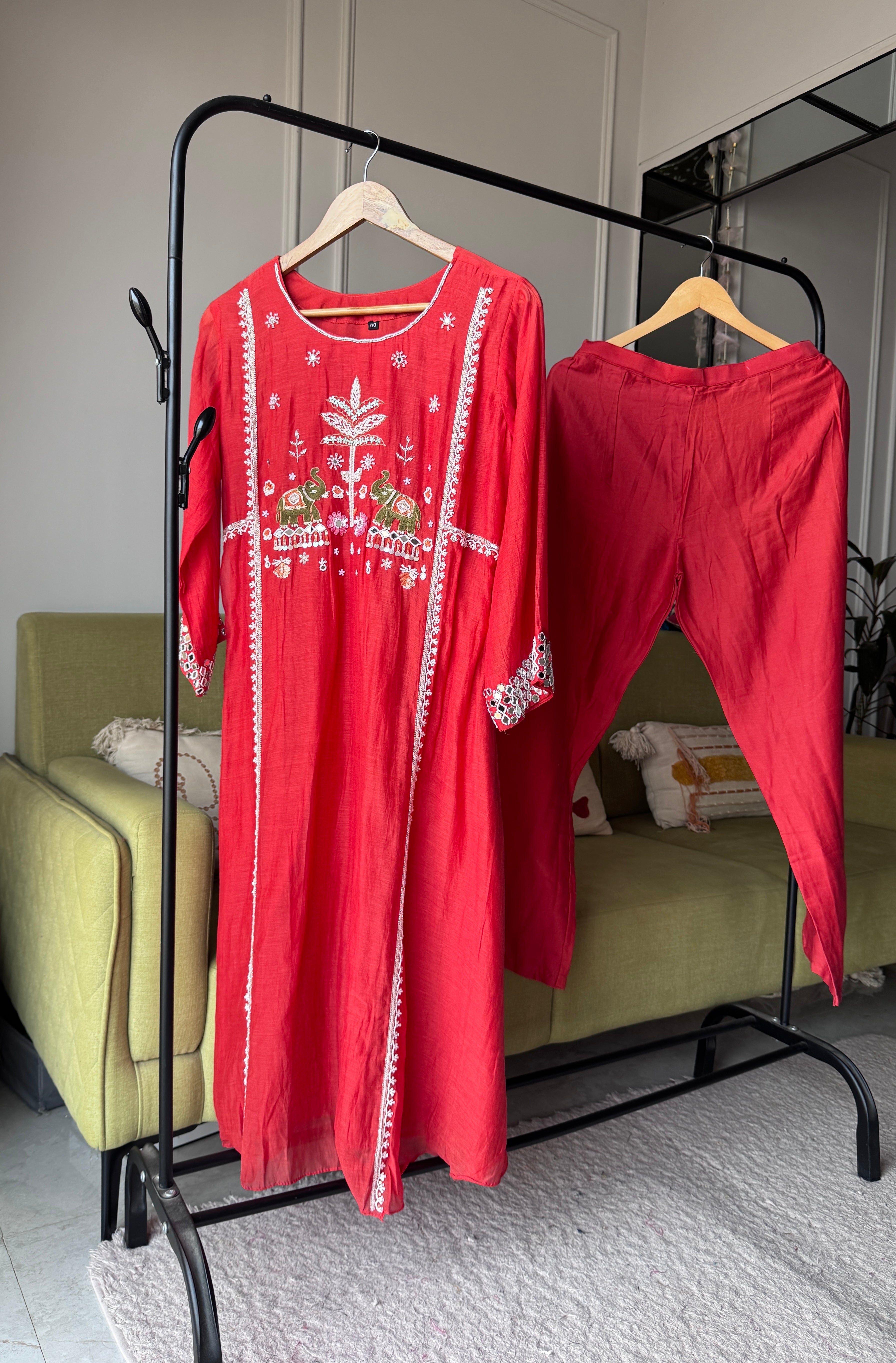 Darshana mul chanderi Handwork dress- Rust