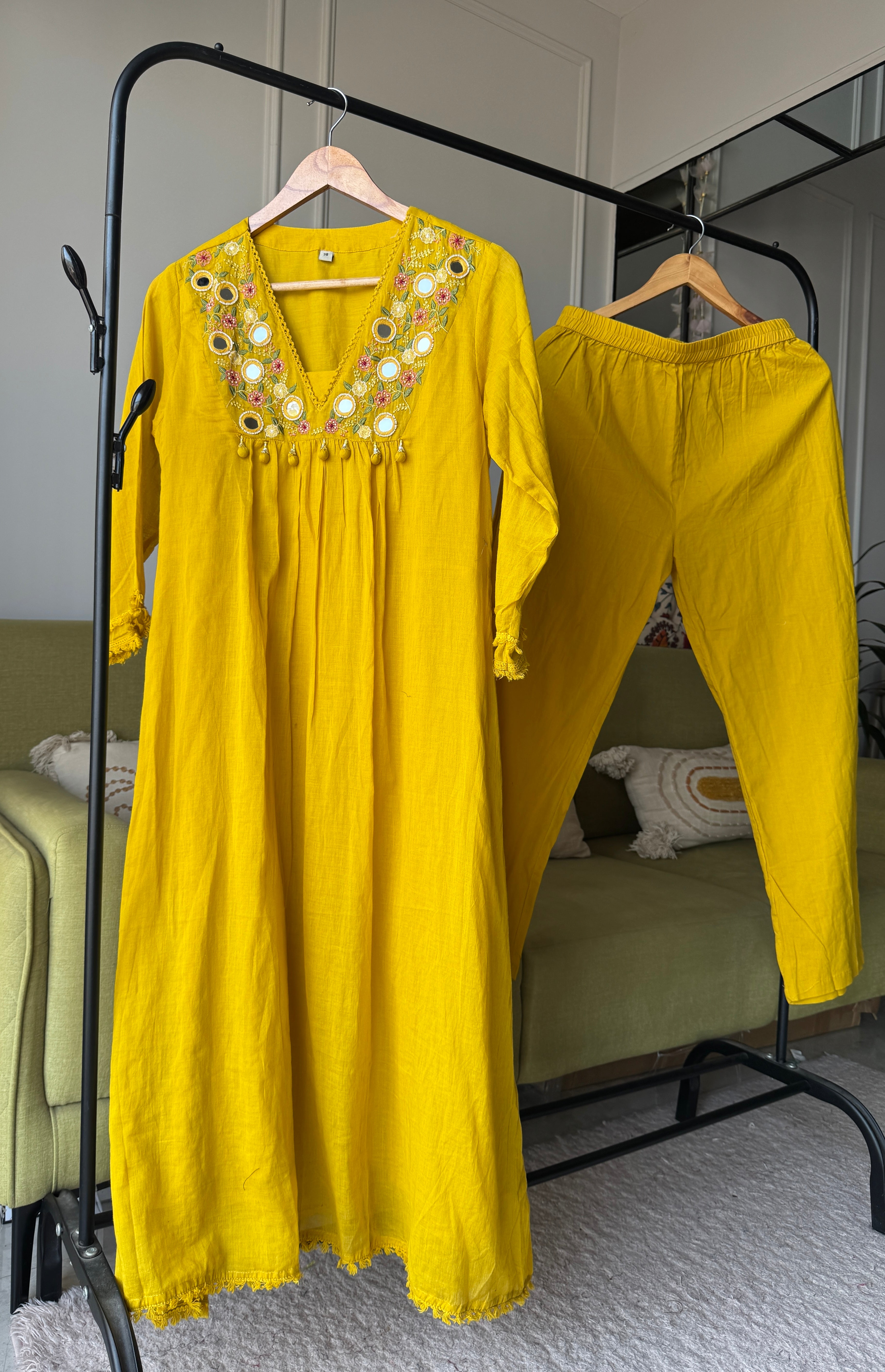 Radhika Embroided Mul Cotton Dress- Yellow