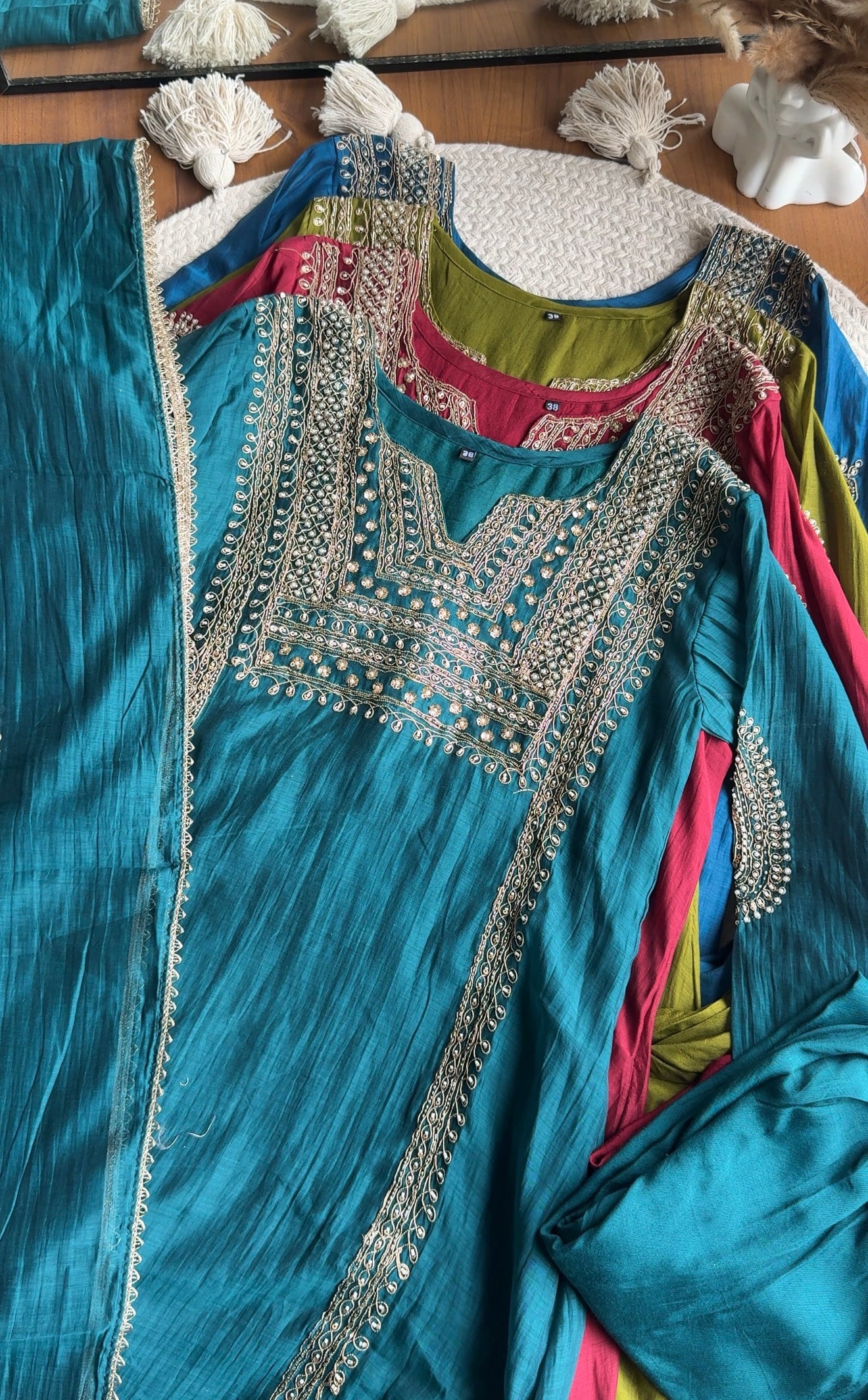 Twinkle Hand Work Mul Chanderi Dress- Green