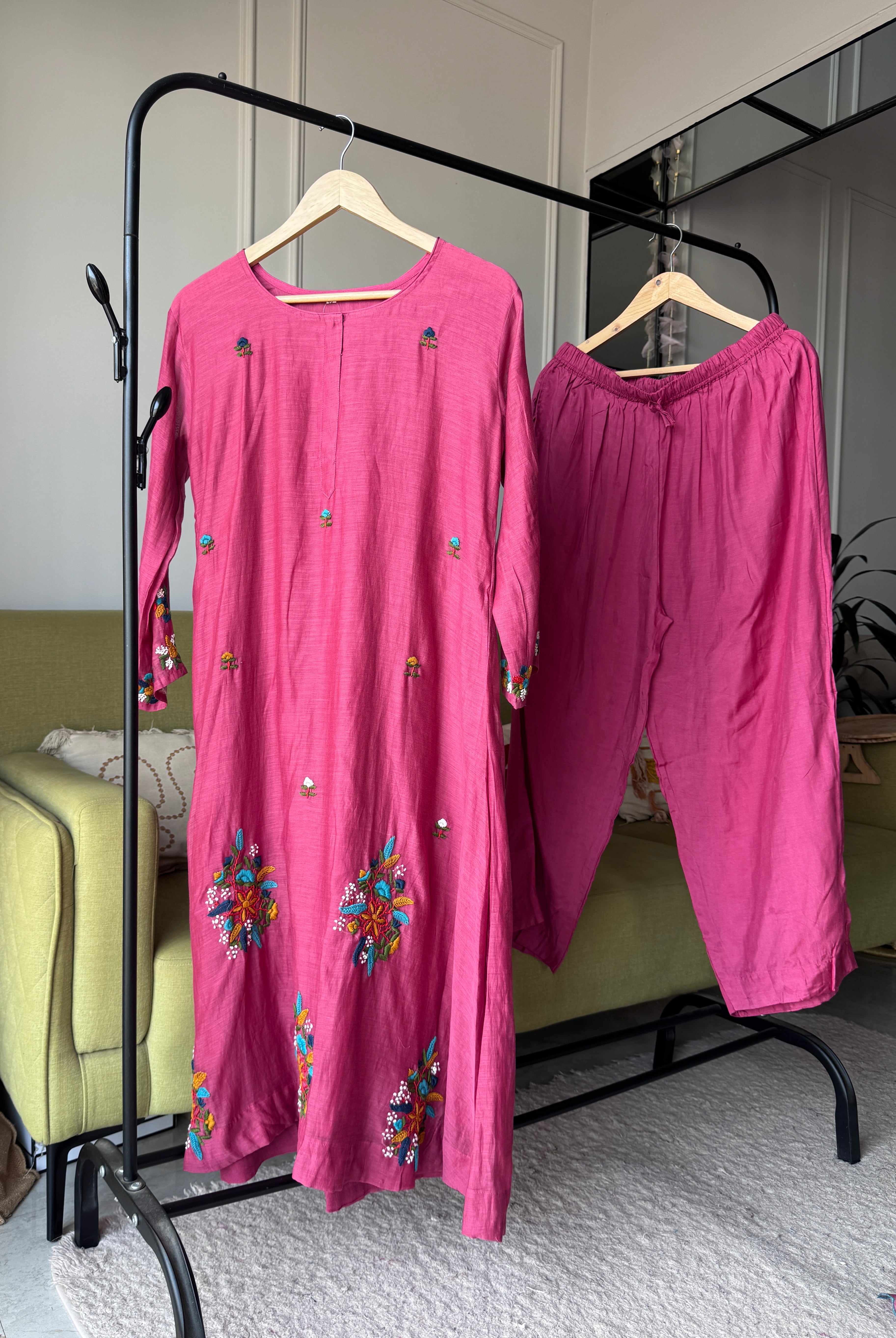 Parul Embroided Mul Chanderi Dress- Pink