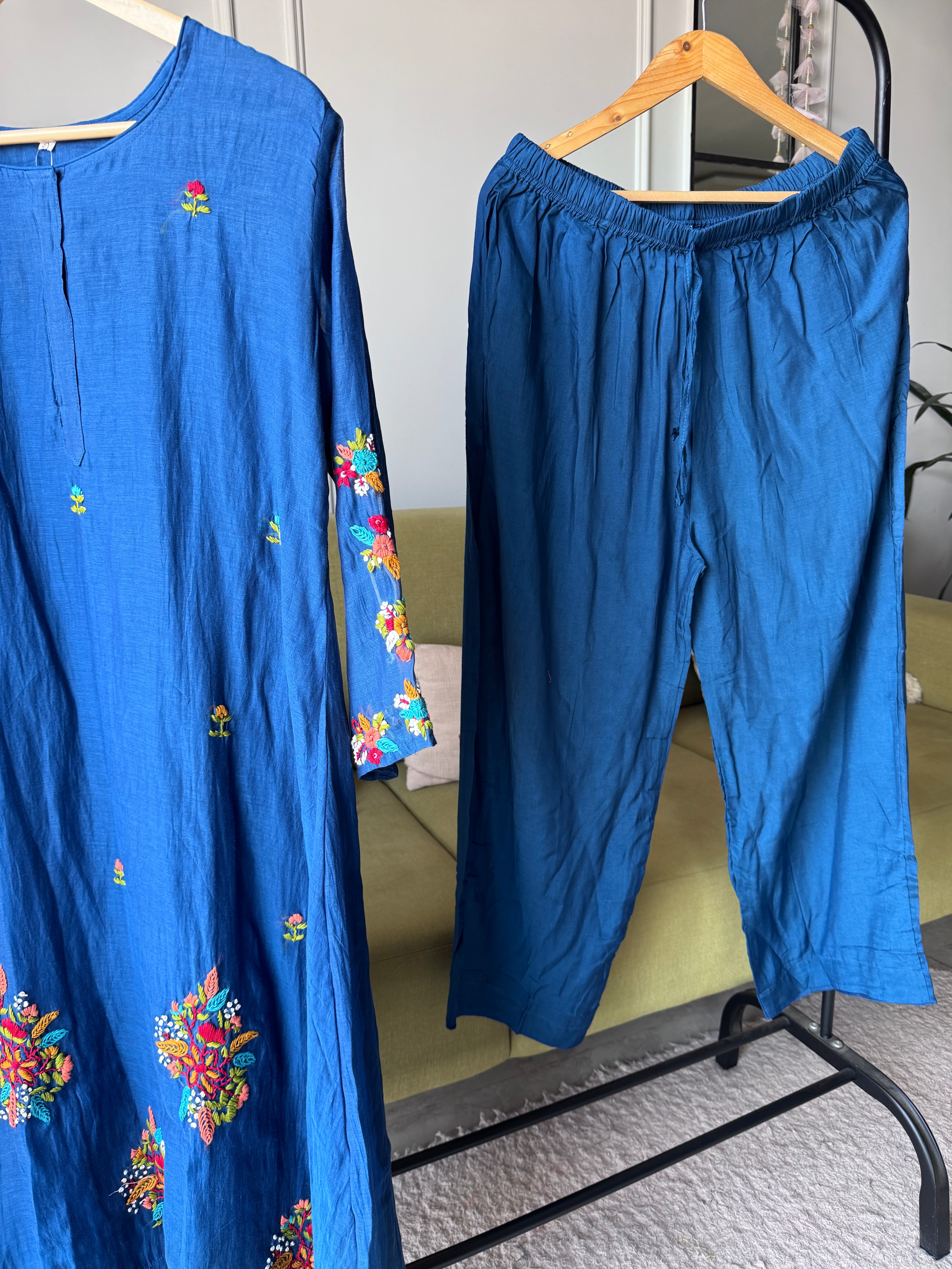 Parul Embroided Mul Chanderi Dress- Blue