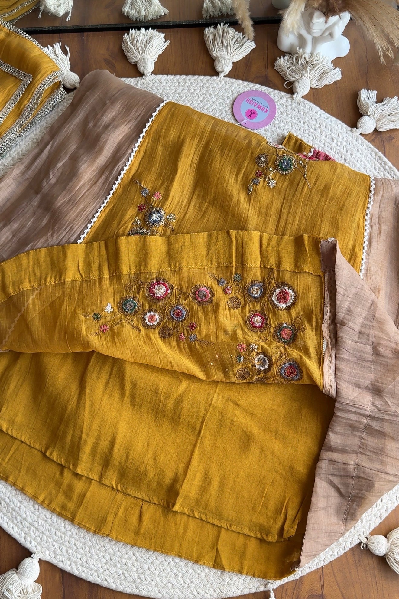 Geet  Contrast Panel Embroidered Dress-Yellow