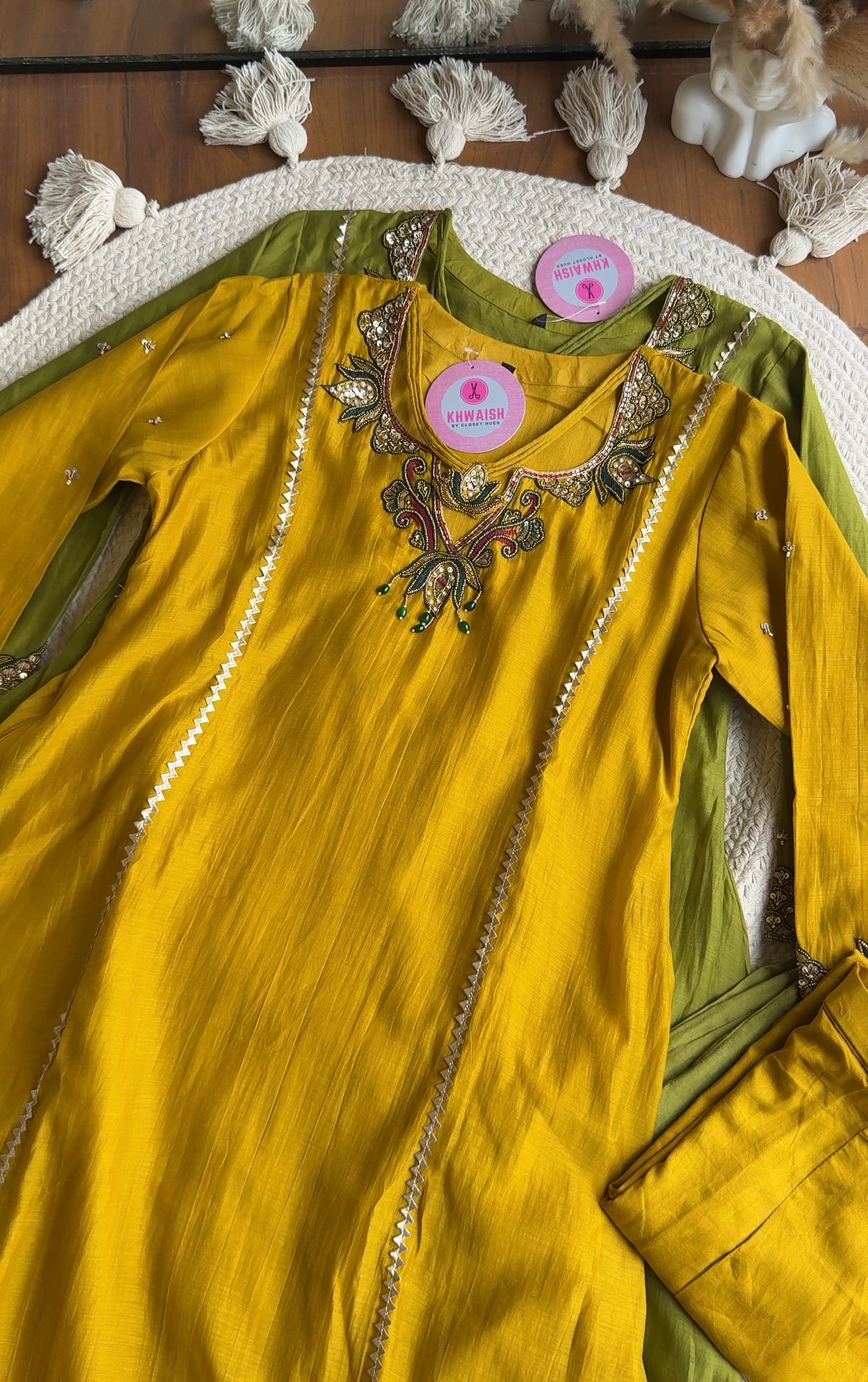 Pooja Necklaces Mul Chanderi Dress- Yellow