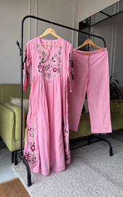 Shrishti Floral Embroided Cotton Dress-Baby Pink