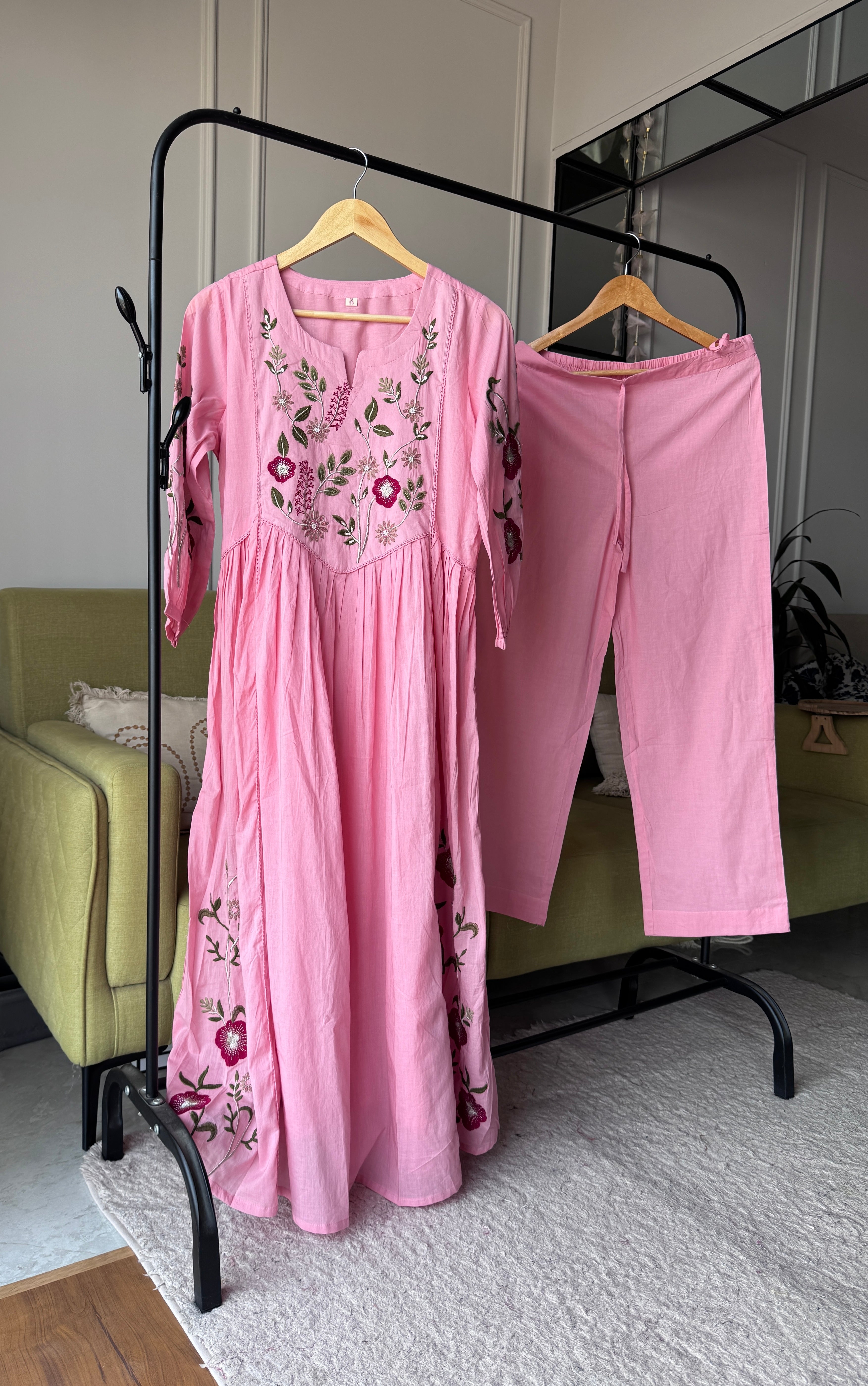 Shrishti Floral Embroided Cotton Dress-Baby Pink