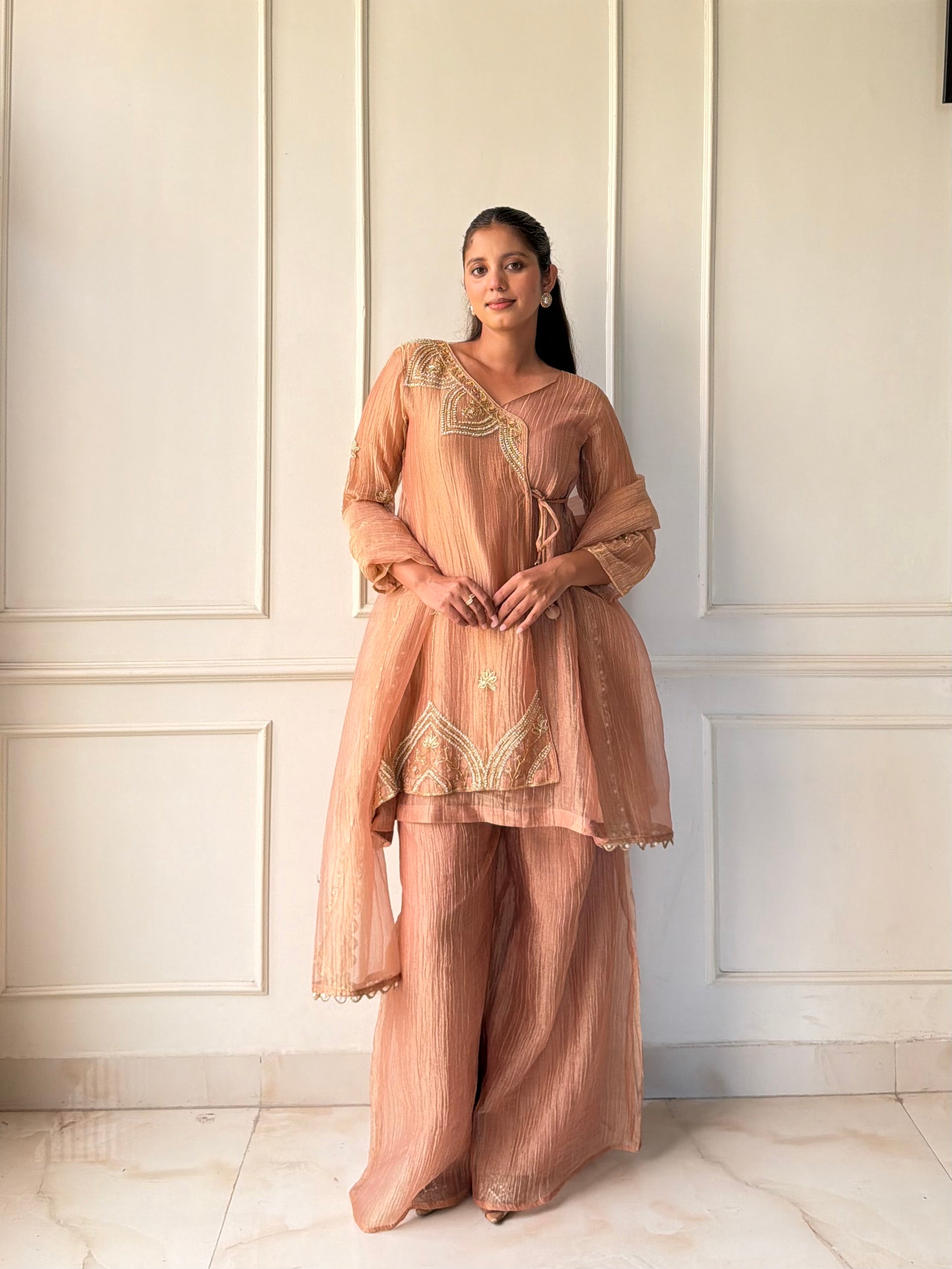 Prachi Short Kurta Angrakha Dress-Peach