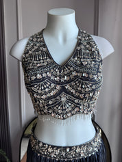 Sana halter neck blouse with palazzo and choker dupatta - Blueish Grey