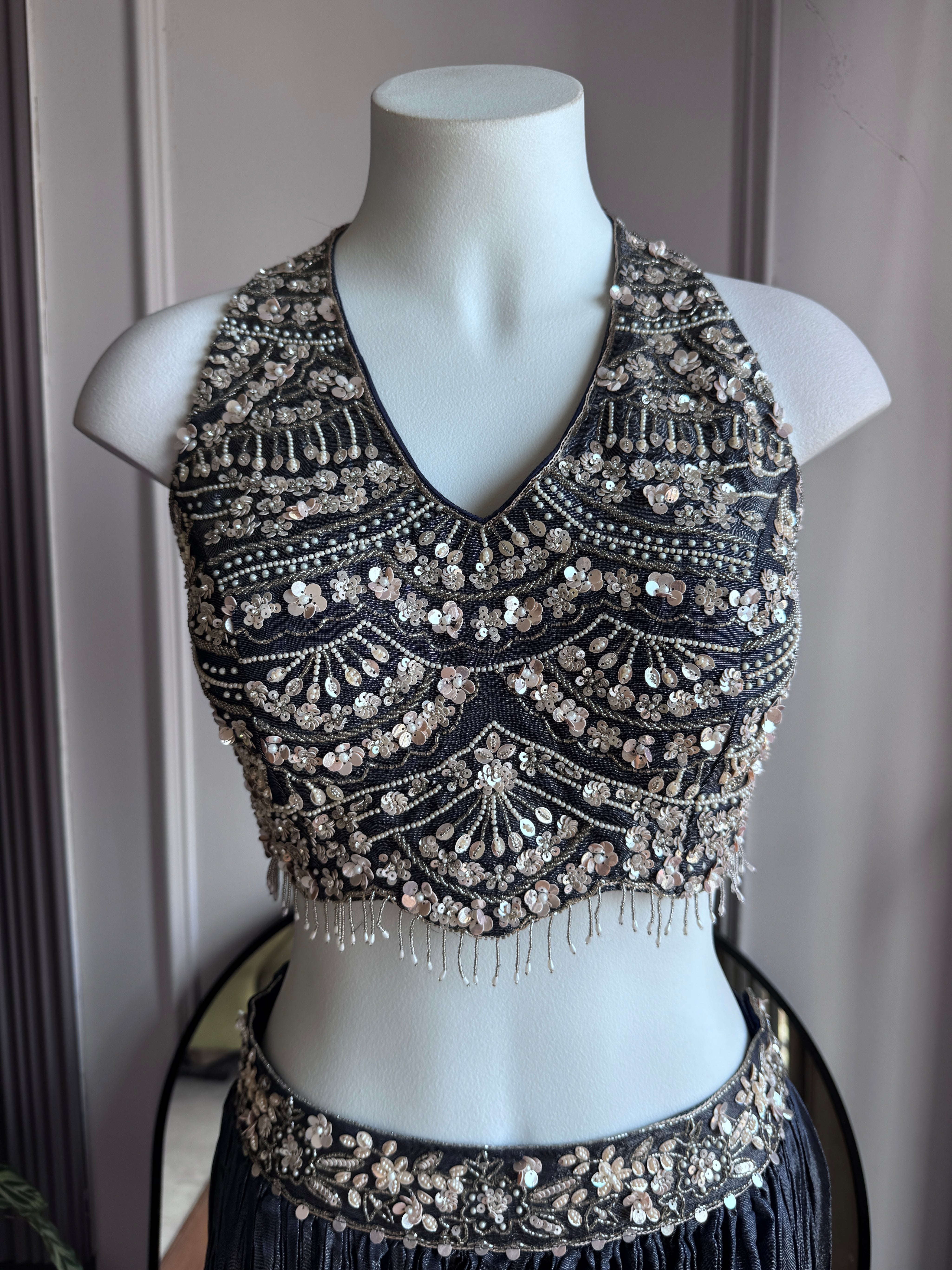 Sana halter neck blouse with palazzo and choker dupatta - Blueish Grey