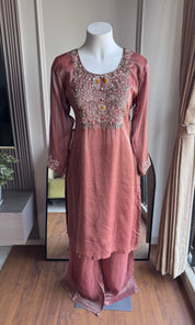 Raha Tissue Short Kurta Plazzo  Dress- Brown