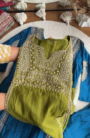 Twinkle Hand Work Mul Chanderi Dress- Mehndi Green