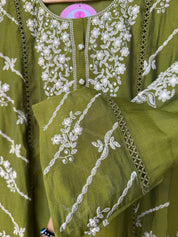 Zhalak Thread Work Side Cut Dress- Green