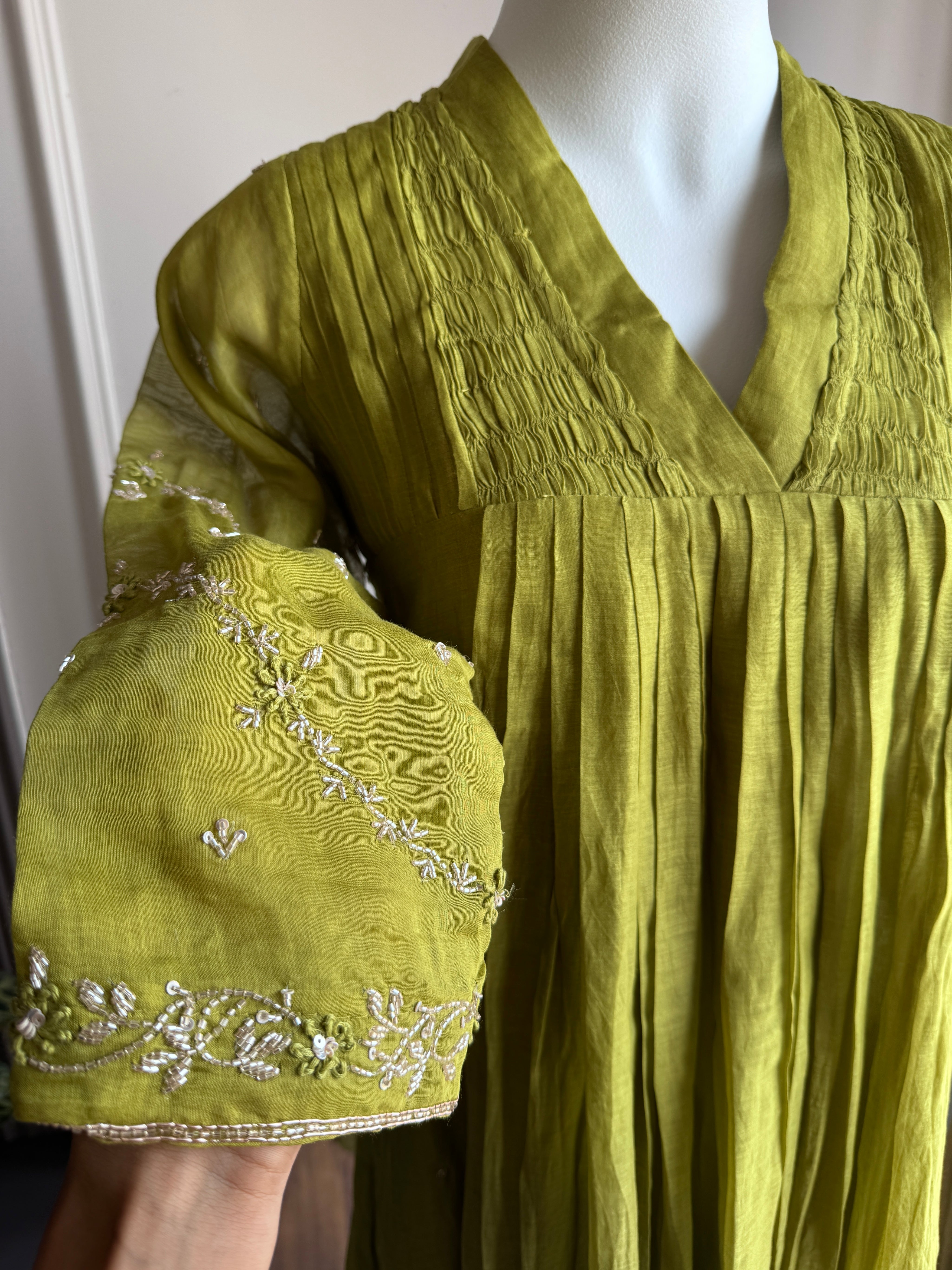 Tani Handwork Mul Chanderi Dress- Green