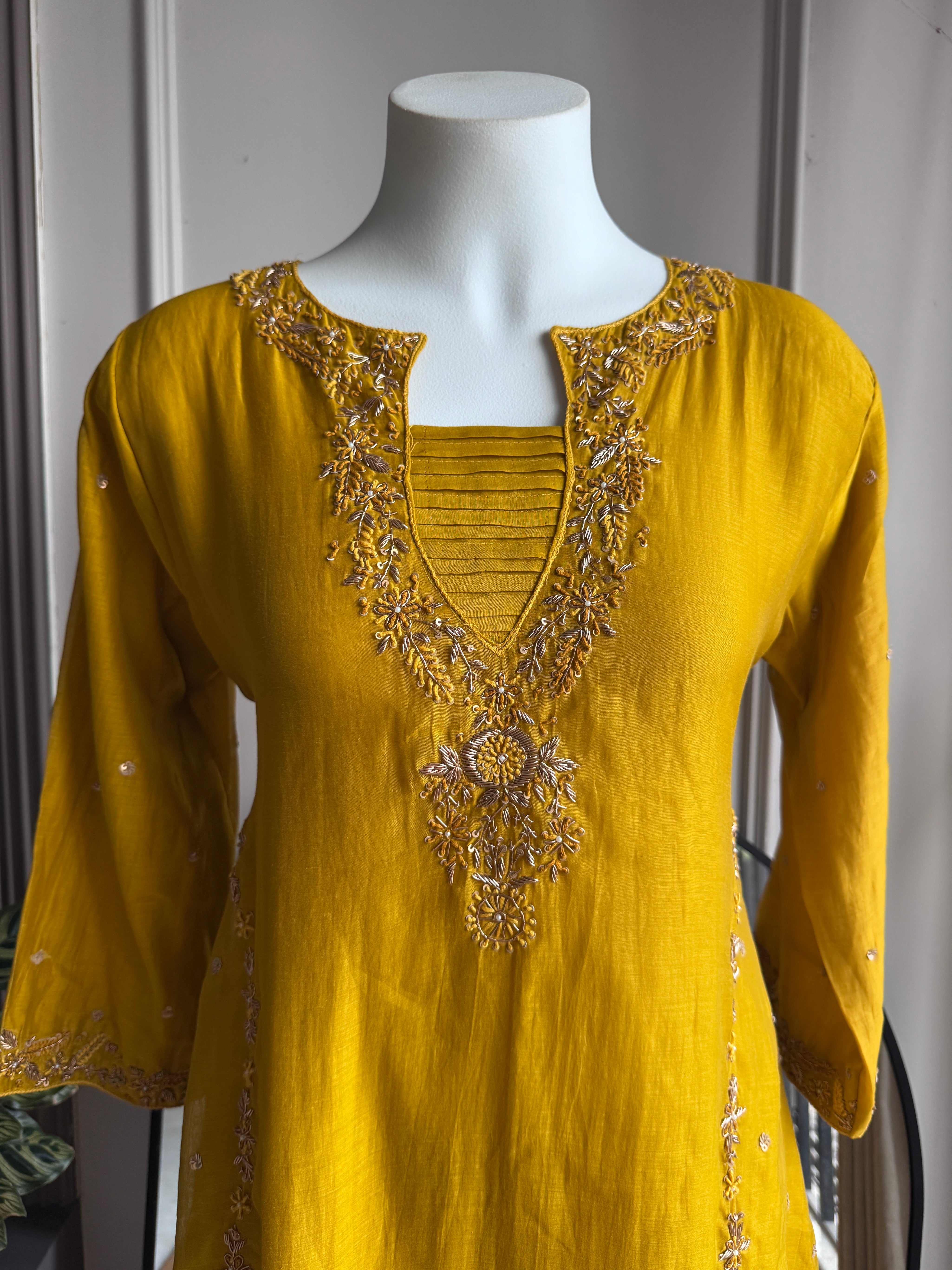 Sweena Handwork Mul Chanderi Dress- Yellow