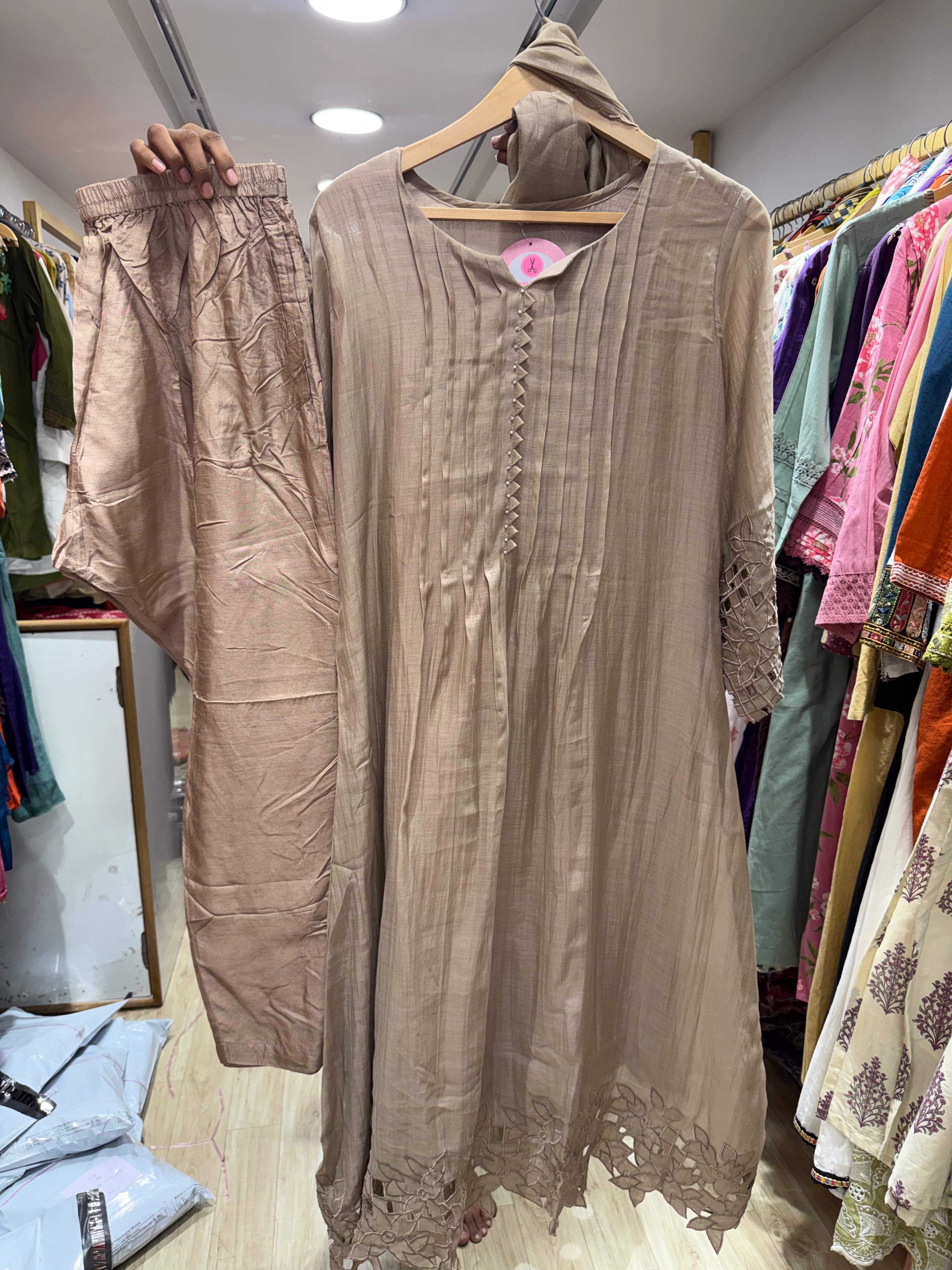 Eshika Mul Chanderi Cut Work Dress- Grey