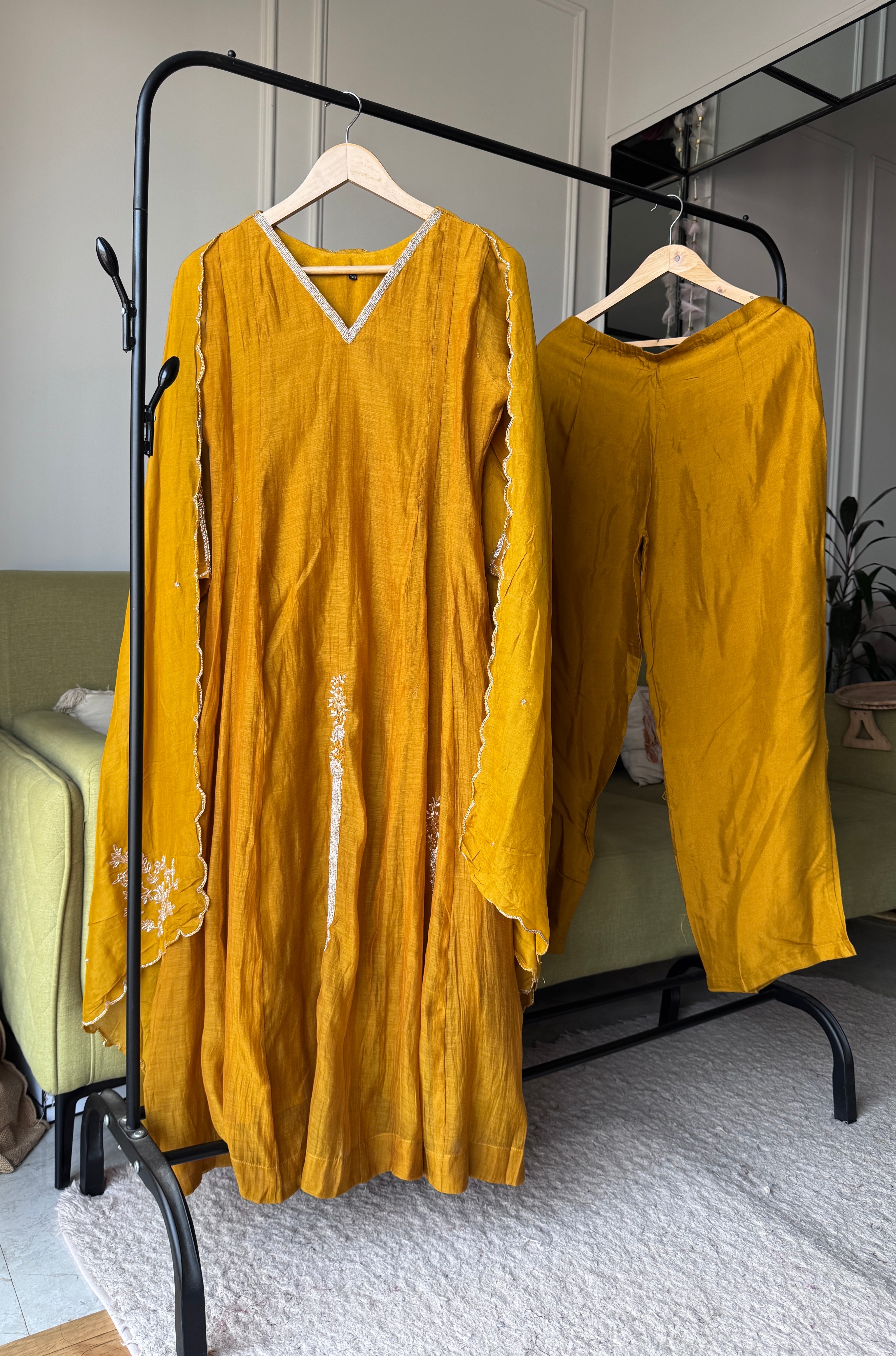 Naina Handwork Mul Chanderi Dress- Musturd