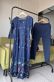 Pratima Katha Work  Mul Cotton Anarkali - Blue