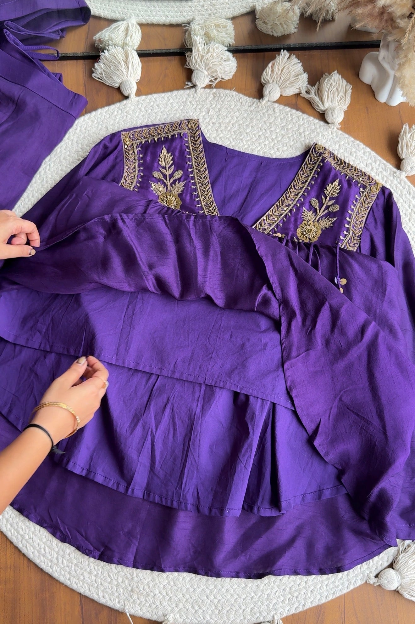 Natasha  deep purple satin embroidered v-neck short  tunic paired with matching dhoti