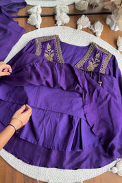 Natasha  deep purple satin embroidered v-neck short  tunic paired with matching dhoti