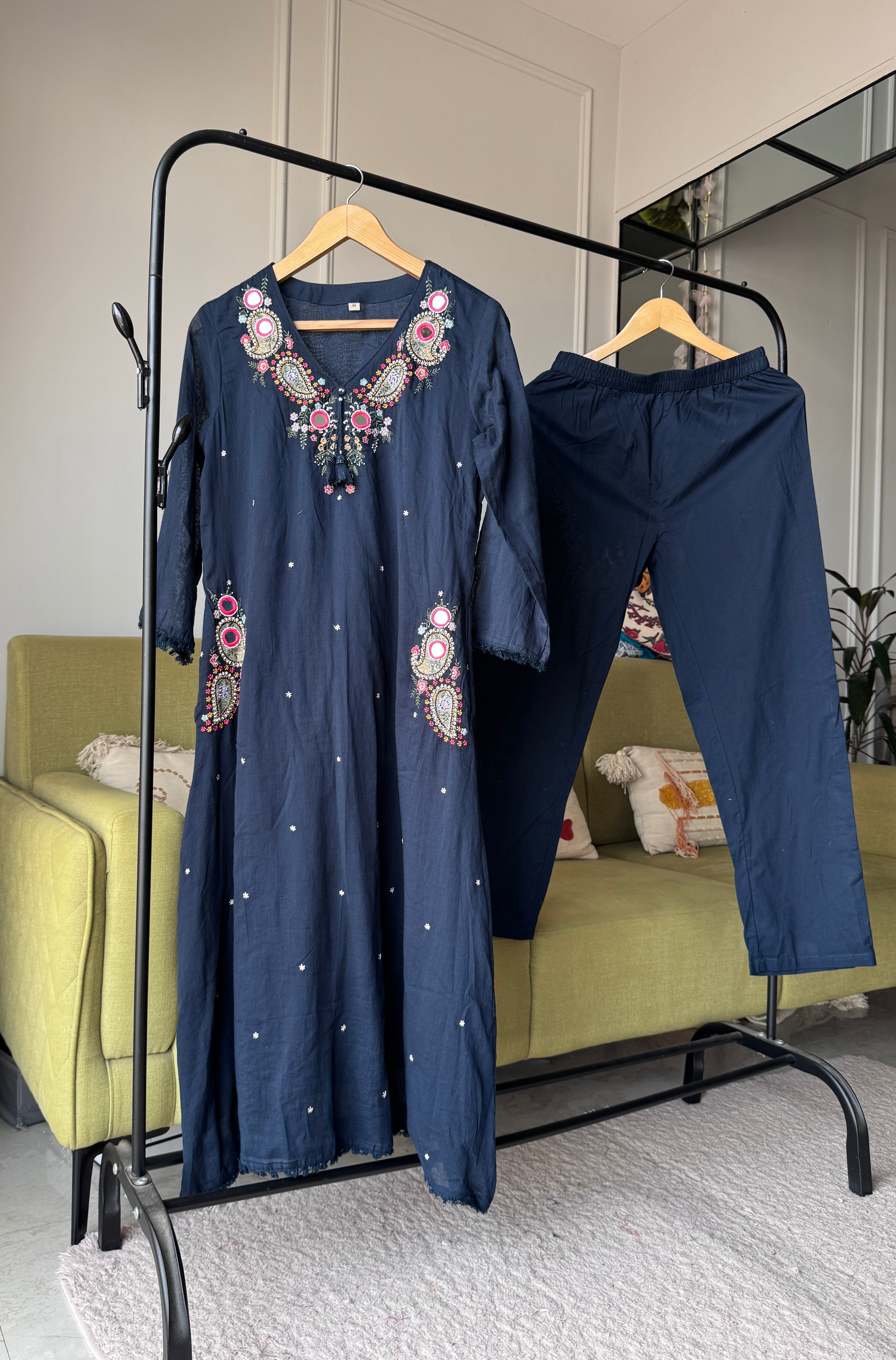 Mannat Pocket Embroided Mul Cotton Dress- Dark Blue