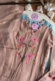 Riddhi Floral Embroidered Mul Chanderi Dress- Powder Brown