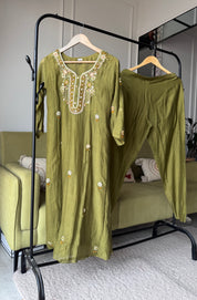 Shilpa Embroided Mul Chanderi Dress-Mehndi Green