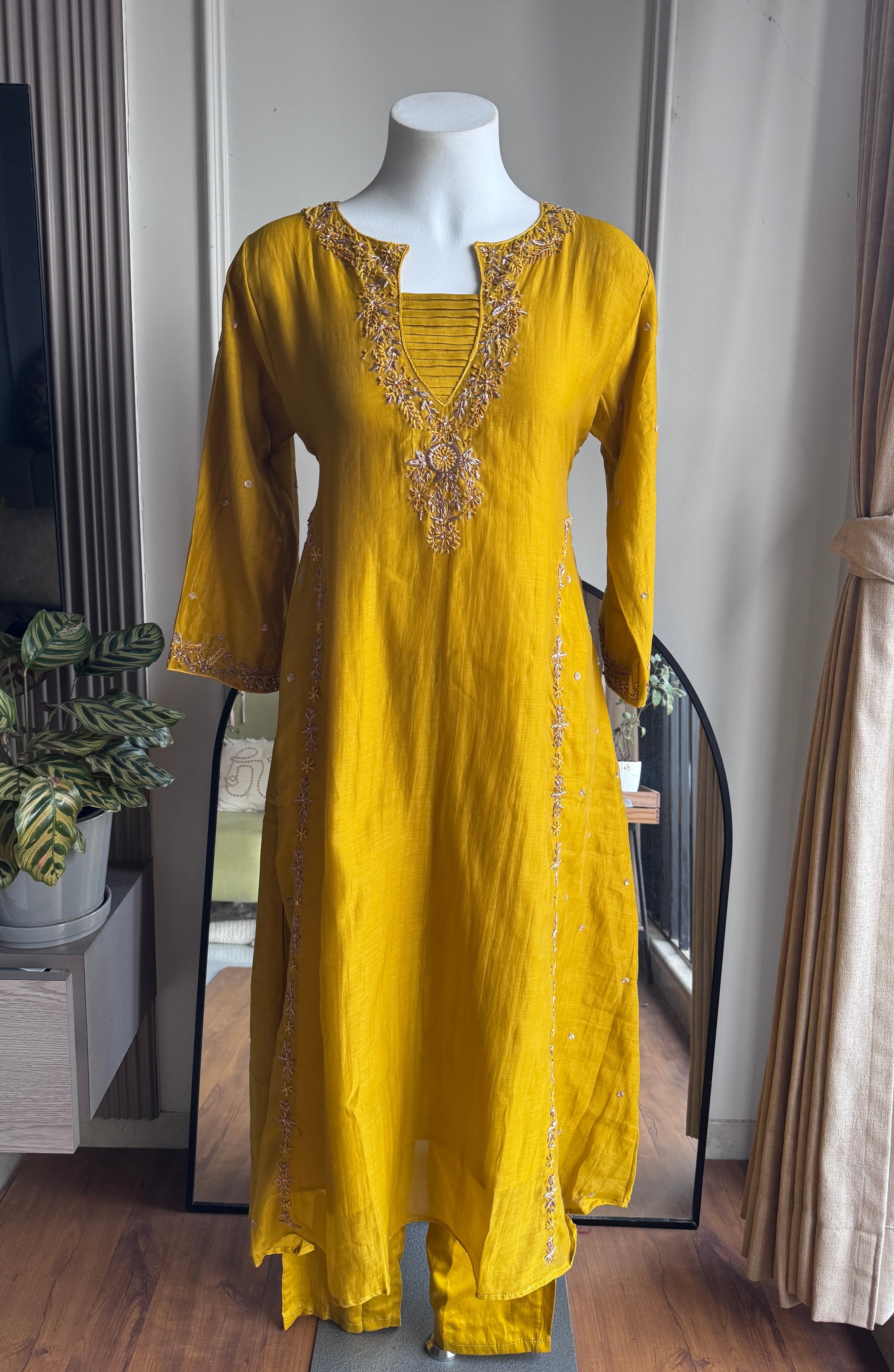 Sweena Handwork Mul Chanderi Dress- Yellow