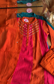 Neha Contrast Kali Handwork Anarkali Dress- Rust (Pre Order 12 Days)