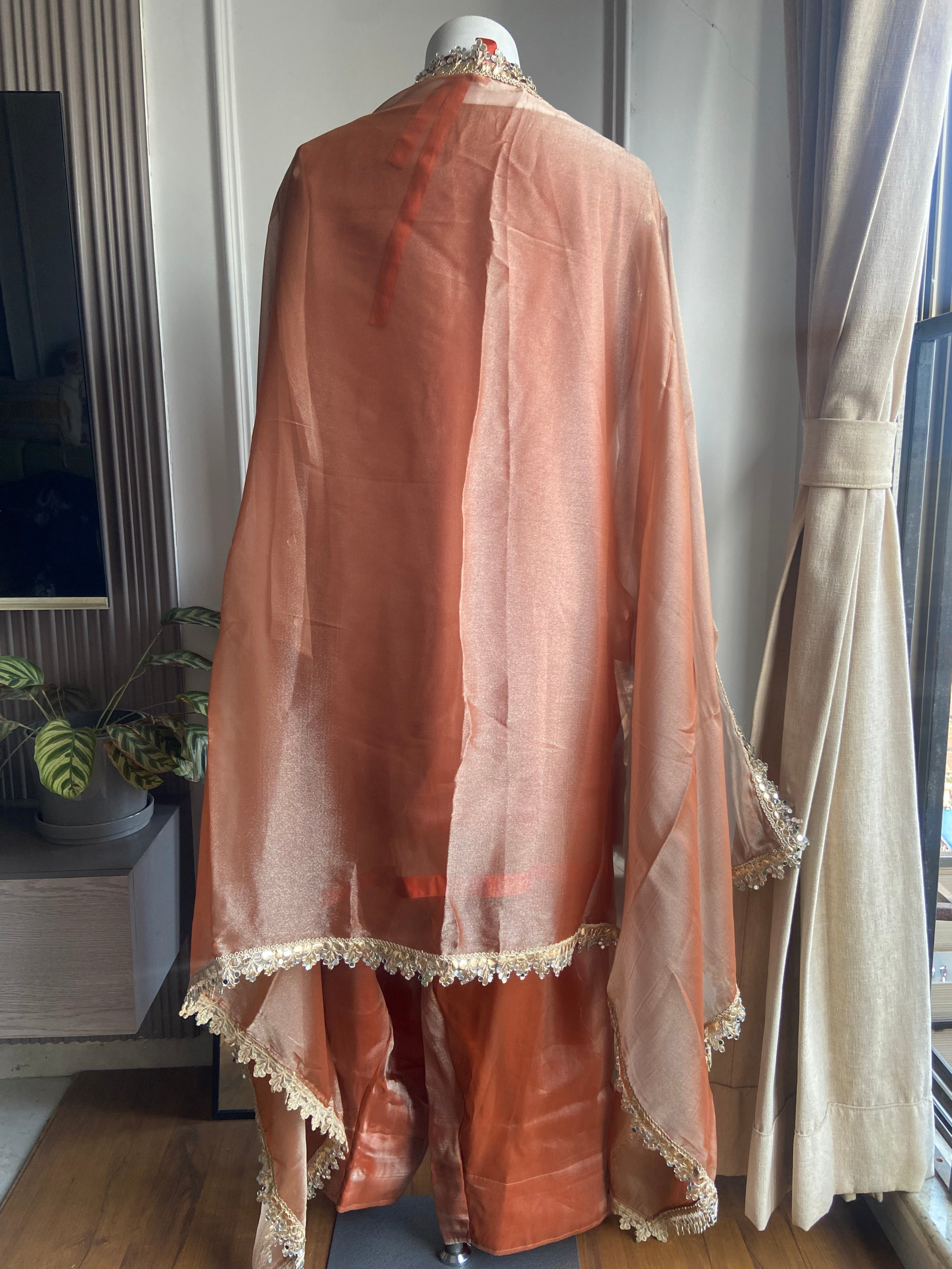 Niha Glass Tissue Mirror Work Dress- Rust