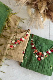 Chandrika Katha Work Mul Chanderi Dress- Beige  (Make to Order)