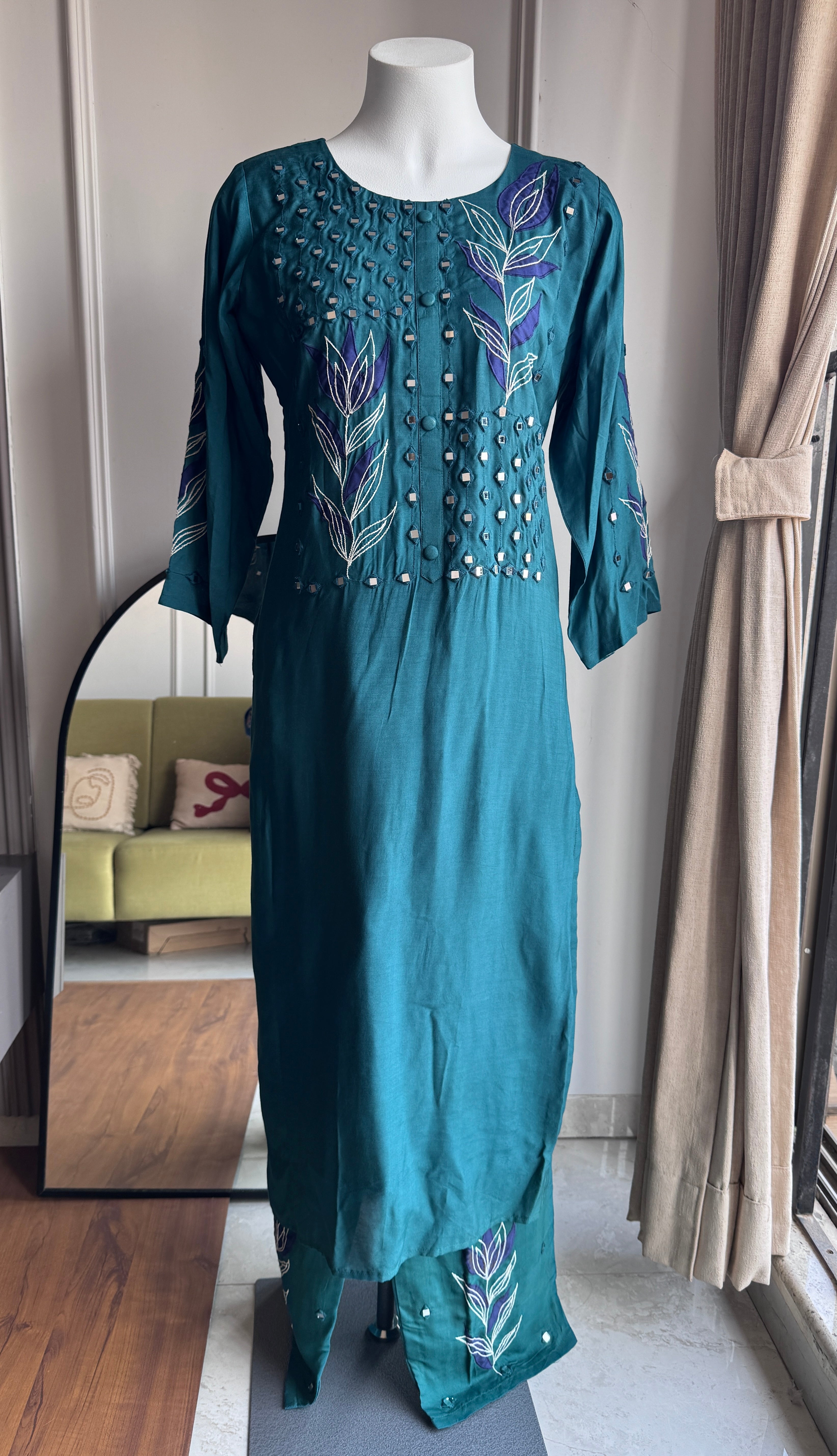 Ruchi Embroided Mirror Work Dress- Teal Blue