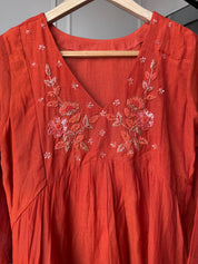 Paro  Mul Chanderi Alia Neck Handwork Dress-Rust