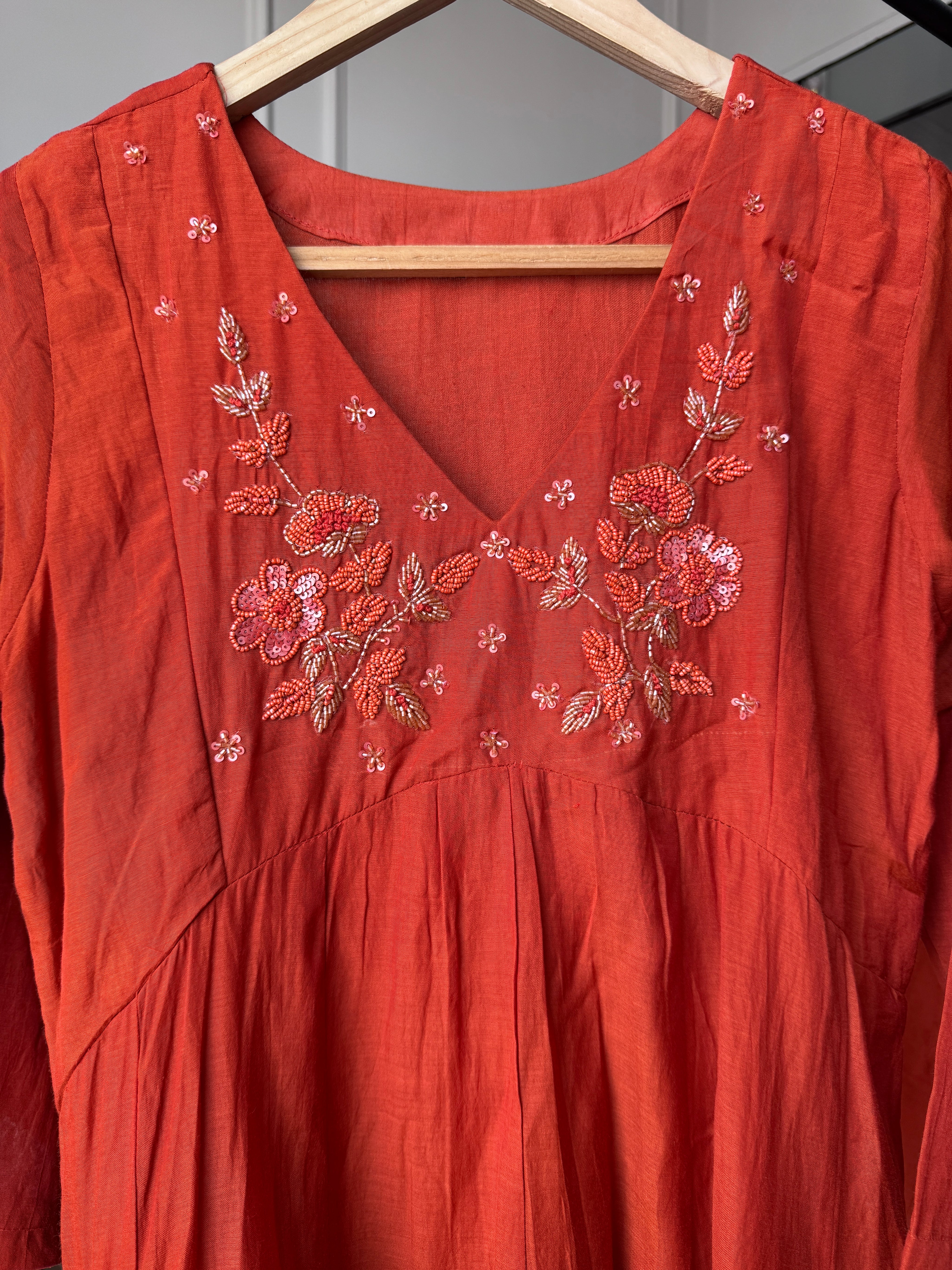 Paro  Mul Chanderi Alia Neck Handwork Dress-Rust