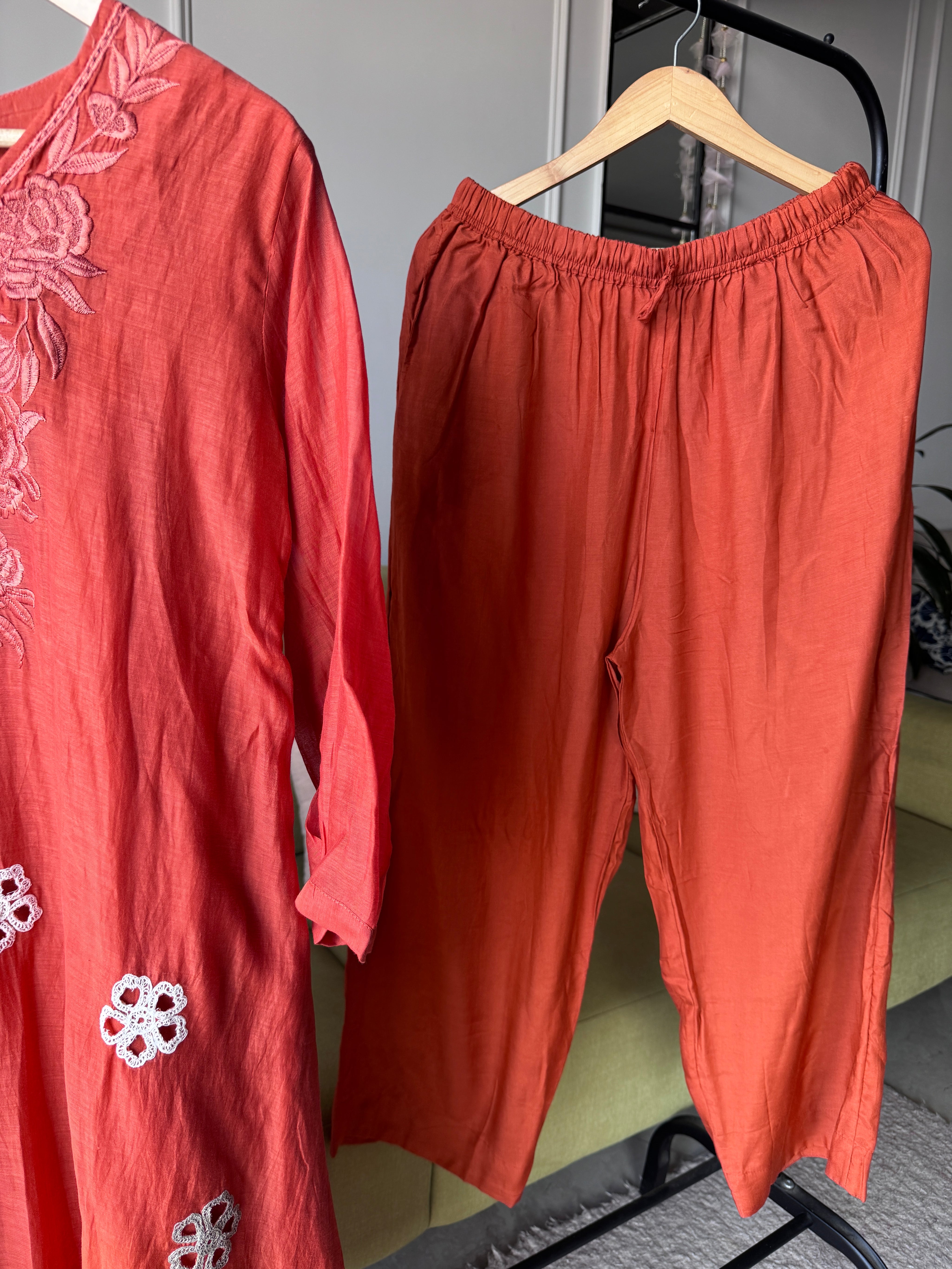 Mehek Aline Mul Chanderi Dress- Rust