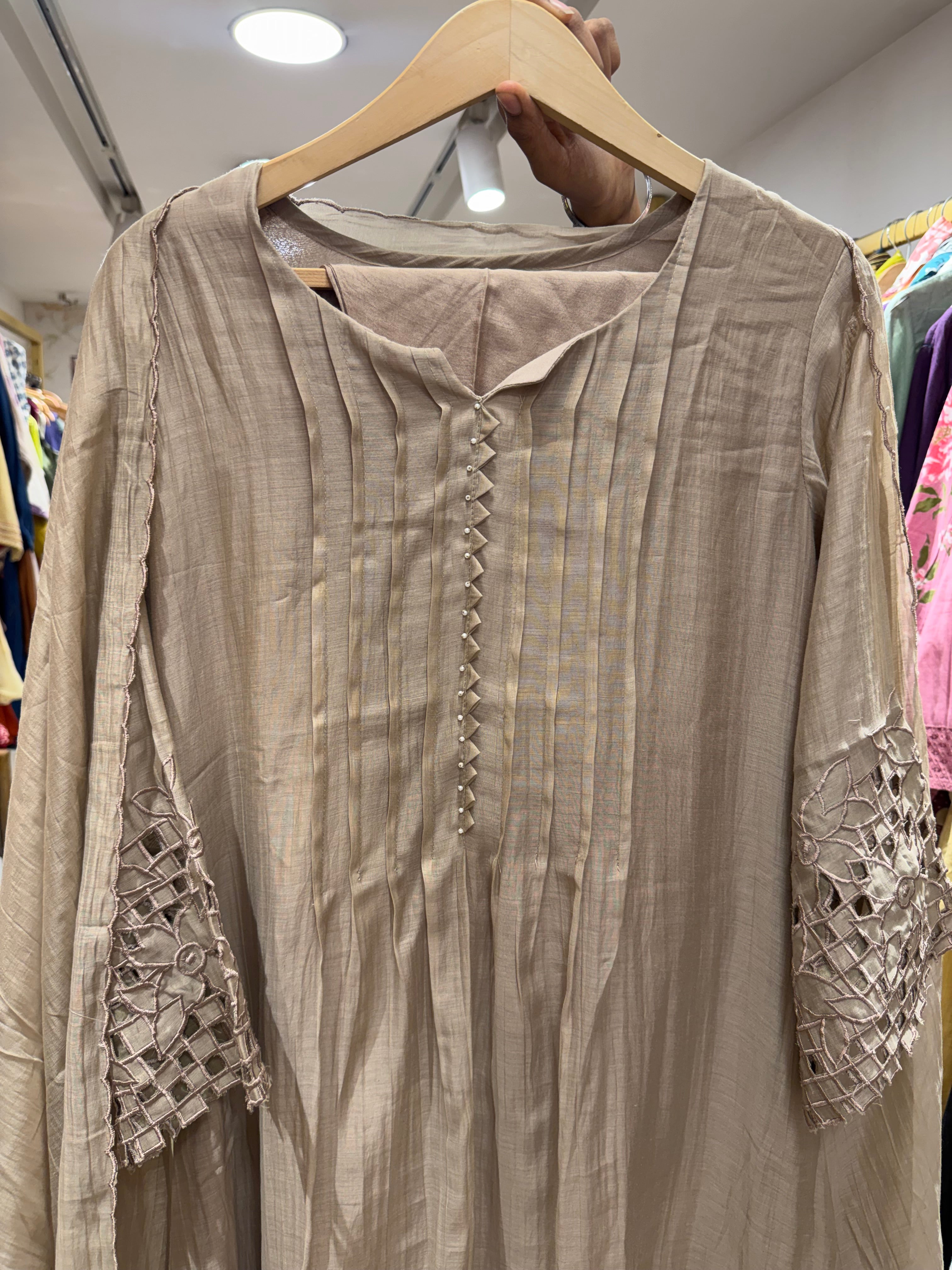 Eshika Mul Chanderi Cut Work Dress- Grey