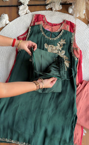 Siona Short Kurta Hand Work Dress With Sleeve Option- Green