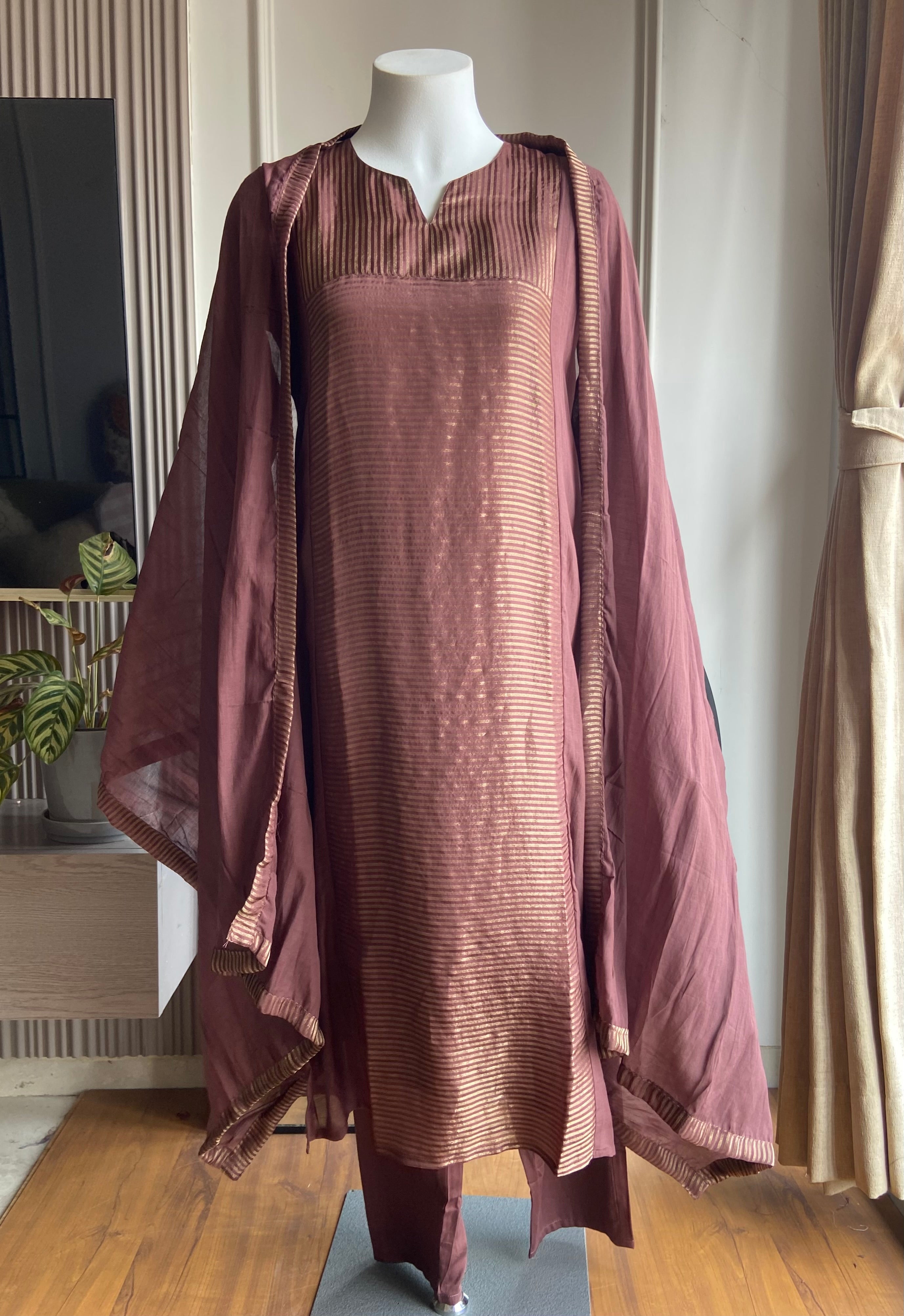 Ravina Tissue and mul Chanderi Aline dress-brown