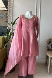 Paro tissue short kurta plazzo dress- pink