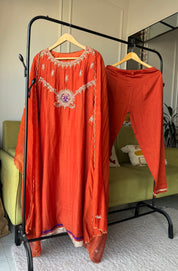 Tara Handwork Mul Chanderi Dress- Rust