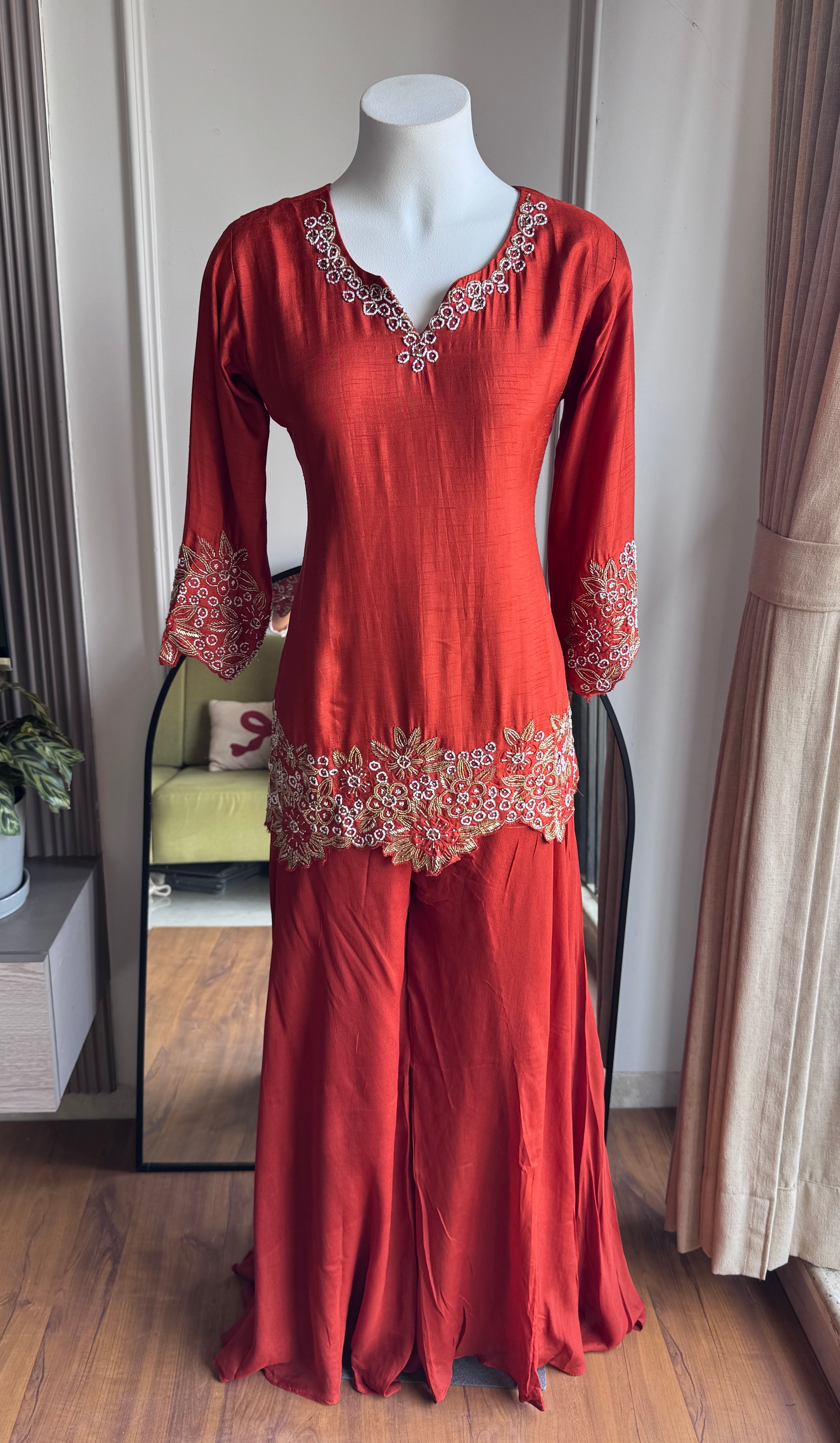 Tanisha Short Kurta Handwork Plazzo - Rust