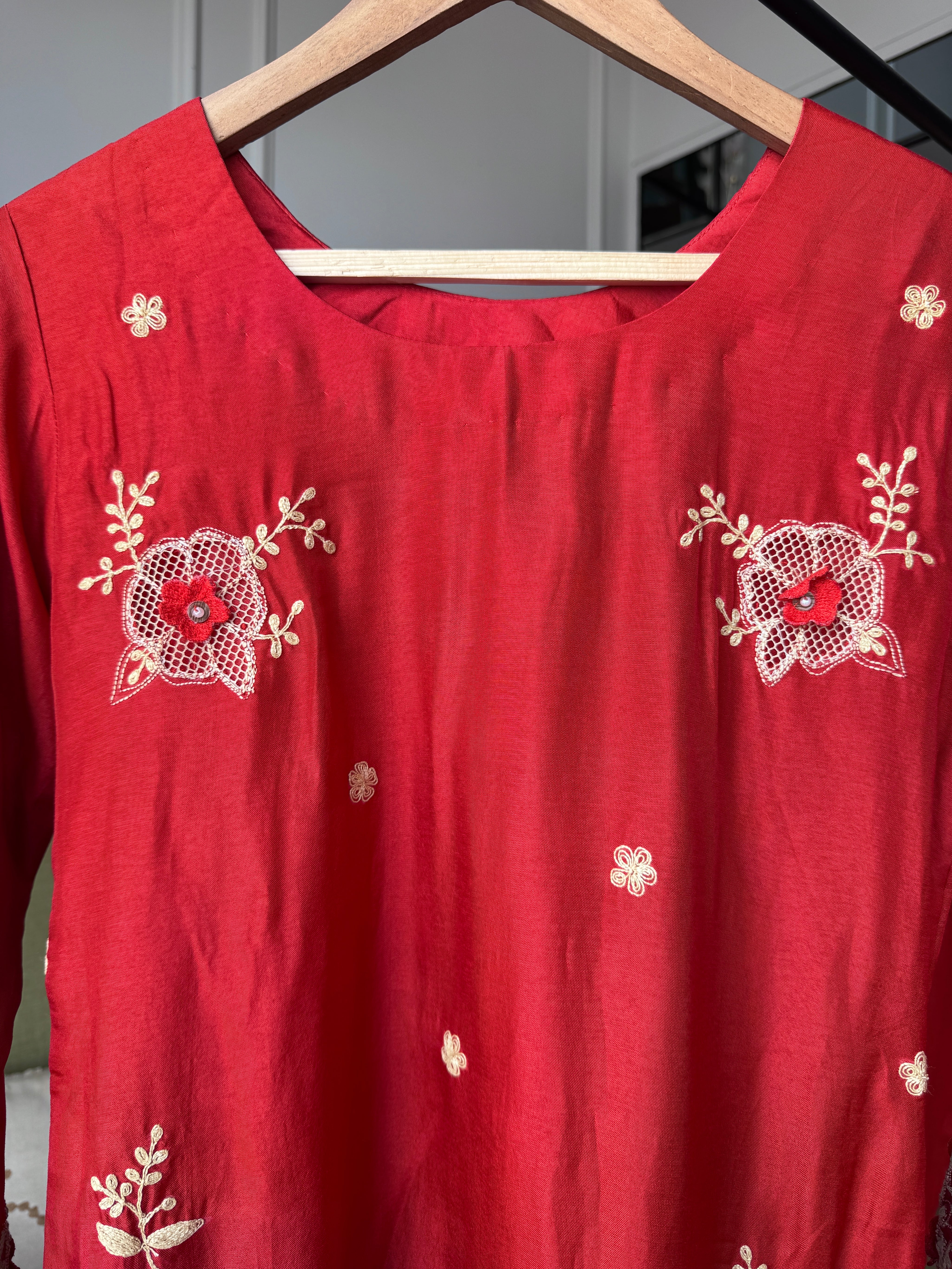 Rasika Embroided Russian Silk Dress-Rust